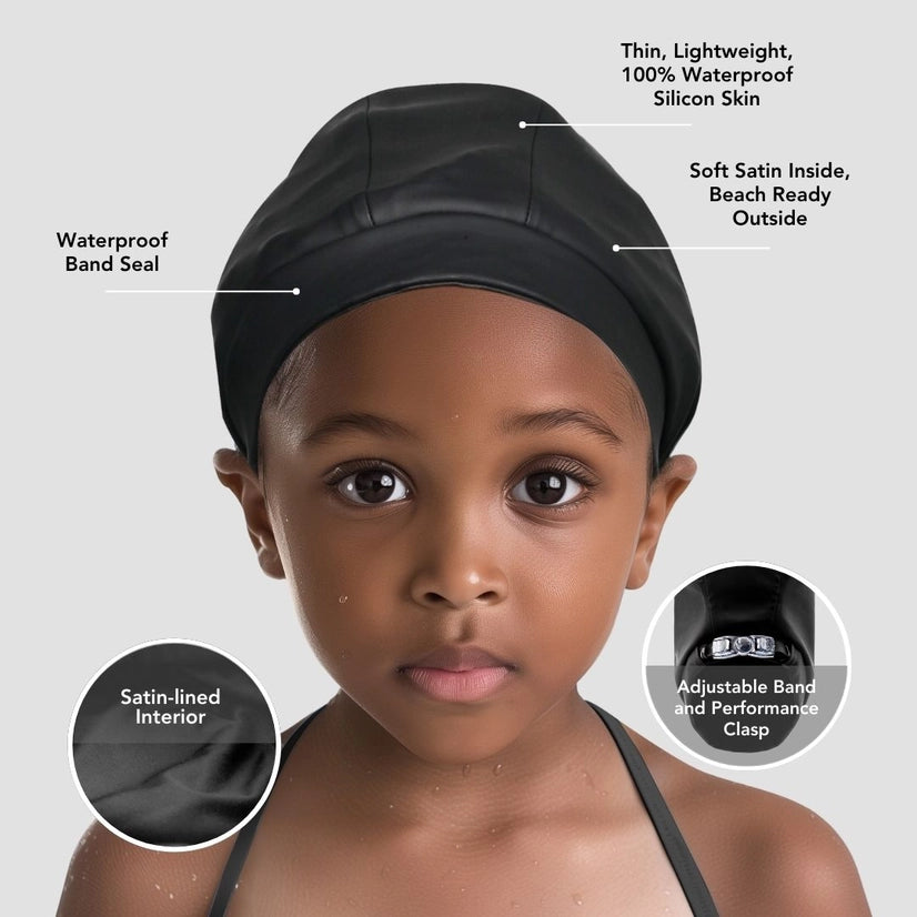 Satin-Lined Waterproof Adjustable Swim Cap - Adult & Kids Sizes