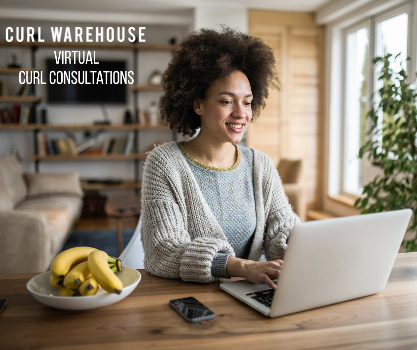 Woman using a laptop in a home office setting with 'Curl Warehouse' text overlay.